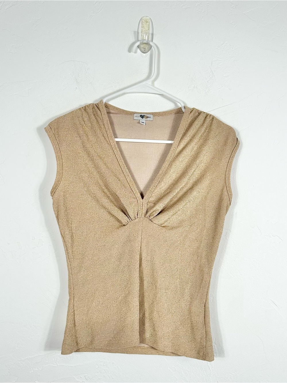 Heart Soul Gold Metallic Knit Tank Top V-Neck Ruched Bust Size M Y2K Vintage